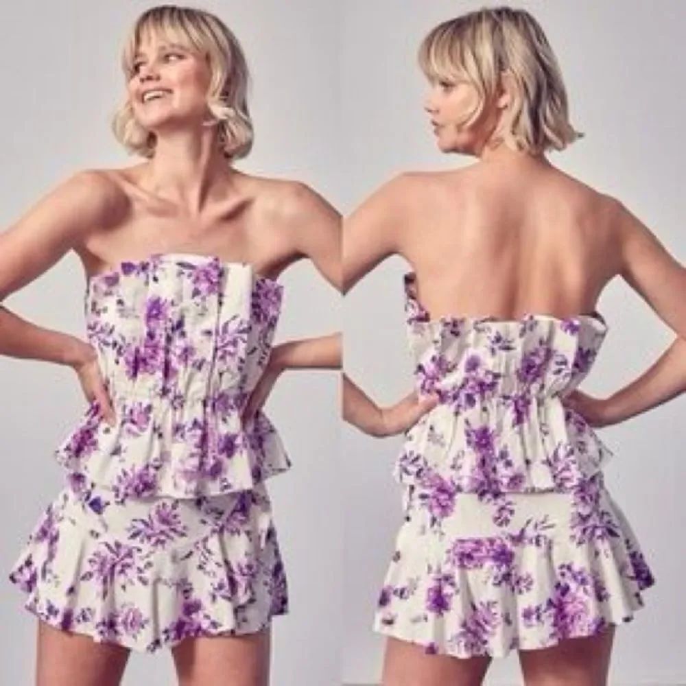 DO+BE Women's Strapless Floral Linen Romper in Purple / White Size Small